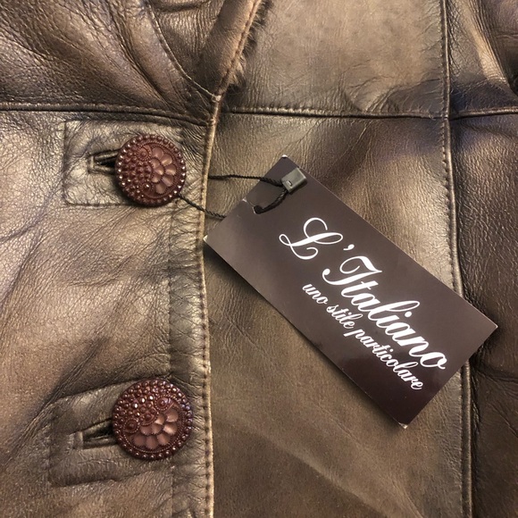 New Vintage European 90s Y2K brown leather shearling crop short jacket S Small - Picture 10 of 11